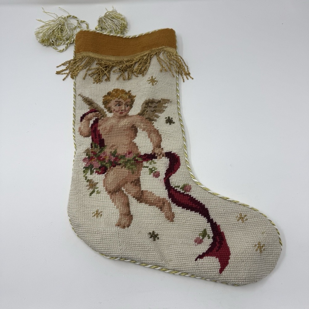 Vintage Imperial Elegance Christmas Stocking Wool Needlepoint Cherub Angel White